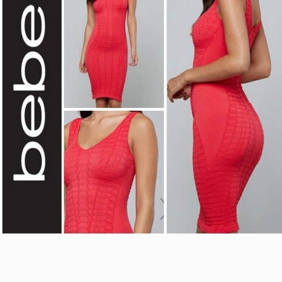 BEBE Textured Bodycon Dress Sweetheart Neck Teaberry Size Small Petite NEW - Picture 2 of 9